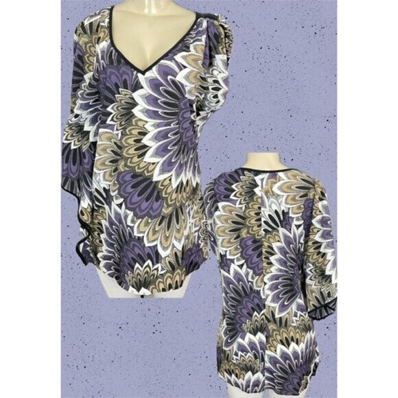 Bisou Bisou L Purple Floral Print V-Neckline One Shoulder Magyar Sleeve Blouse - Picture 1 of 6